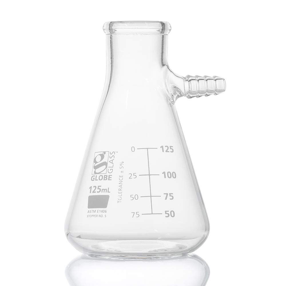 Globe Scientific Flask, Filter, Globe Glass, 125mL, Dual Graduations, ASTM E1406, 6/Box Filter flask;125ml filter flask;glass filter flask
